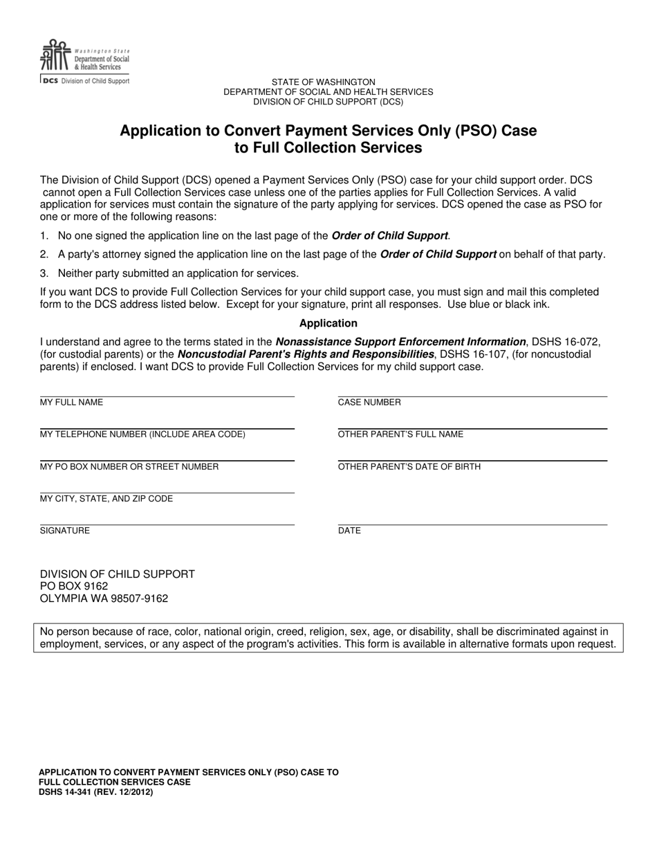 DSHS Form 14-341 Application to Convert Payment Services Only (Pso) Case to Full Collection Services - Washington, Page 1