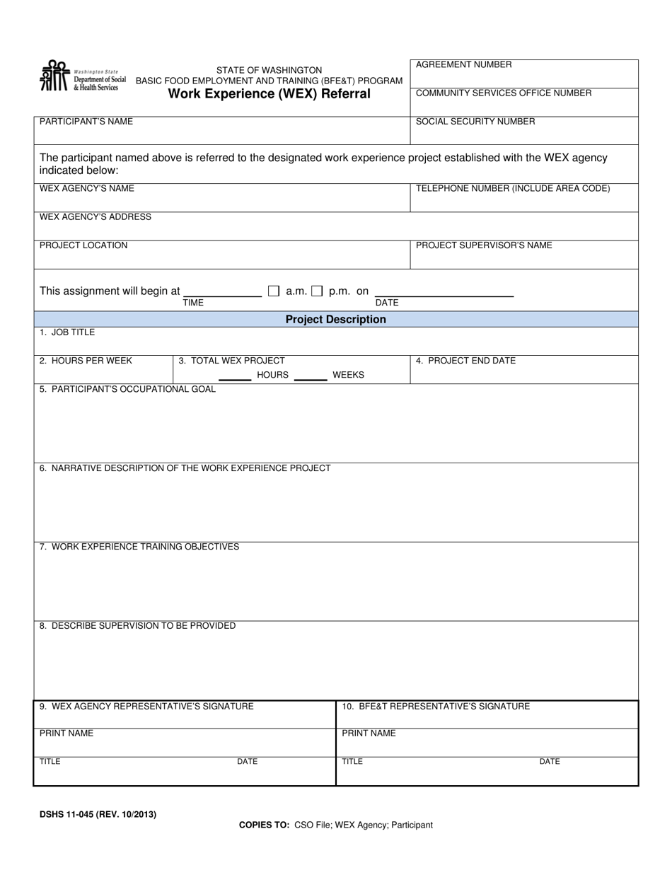 DSHS Form 11-045 Work Experience (Wex) Referral (Food Stamp Employment and Training) - Washington, Page 1