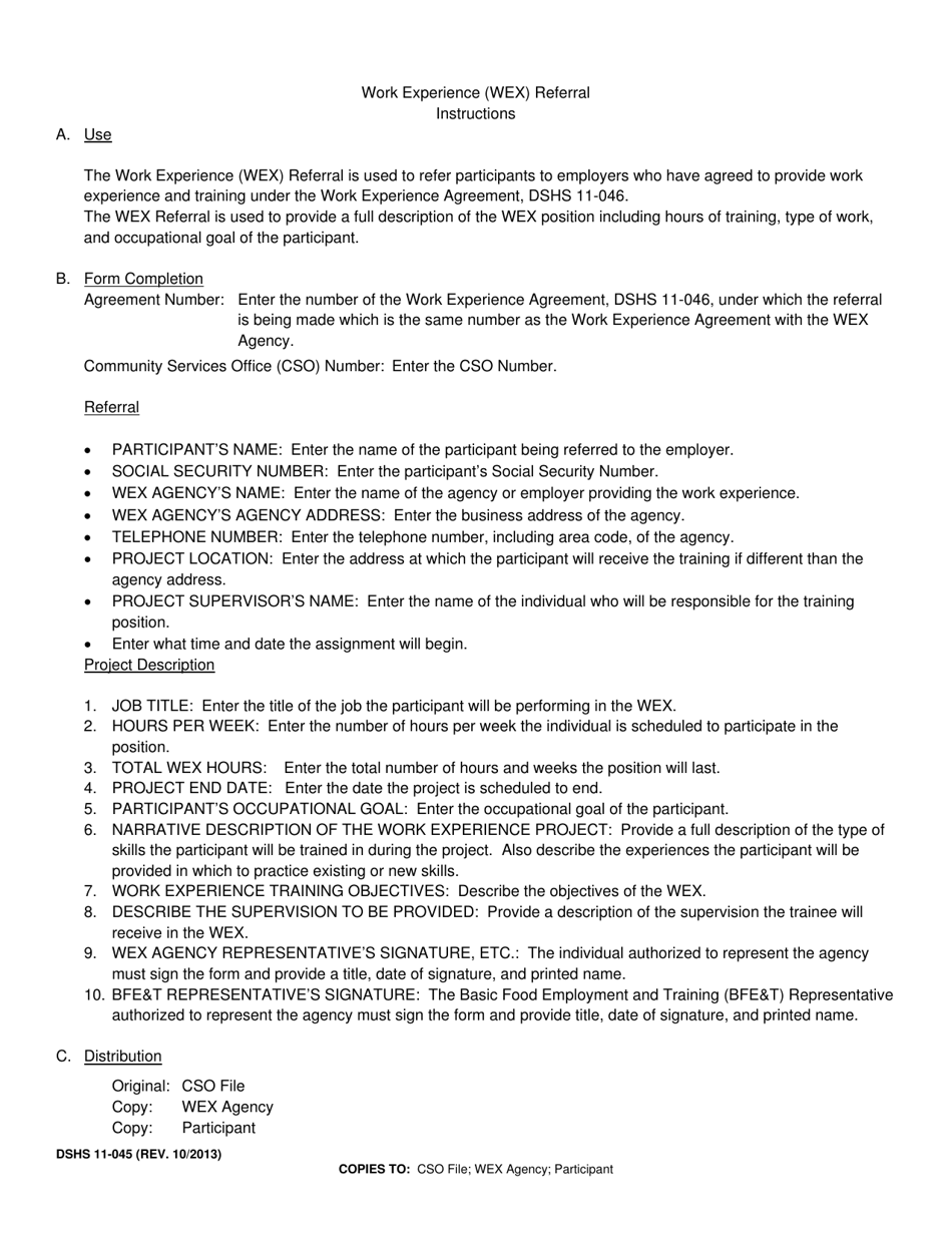 DSHS Form 11-045 Work Experience (Wex) Referral (Food Stamp Employment and Training) - Washington, Page 2