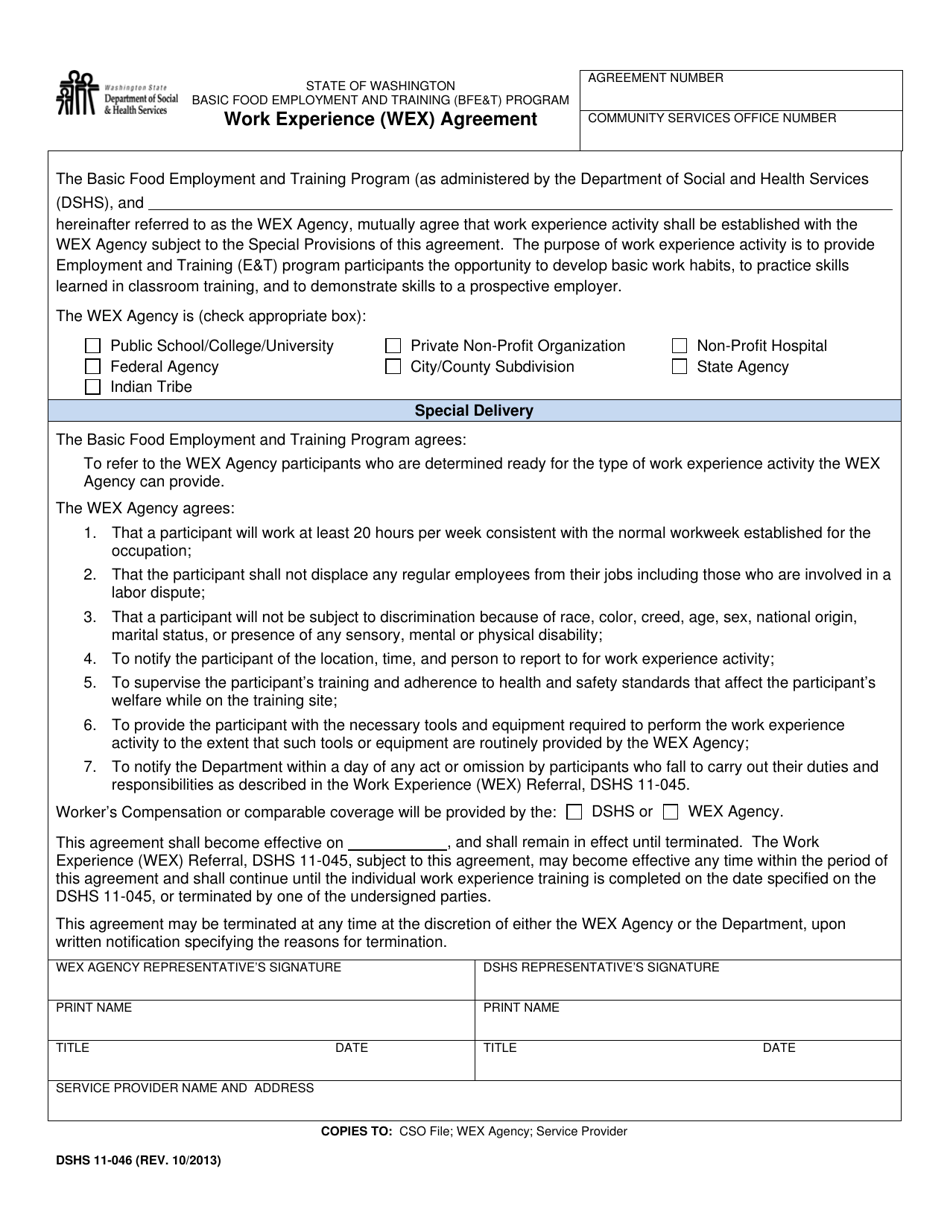 DSHS Form 11-046 Work Experience (Wex) Agreement (Food Stamp Employment and Training) - Washington, Page 1