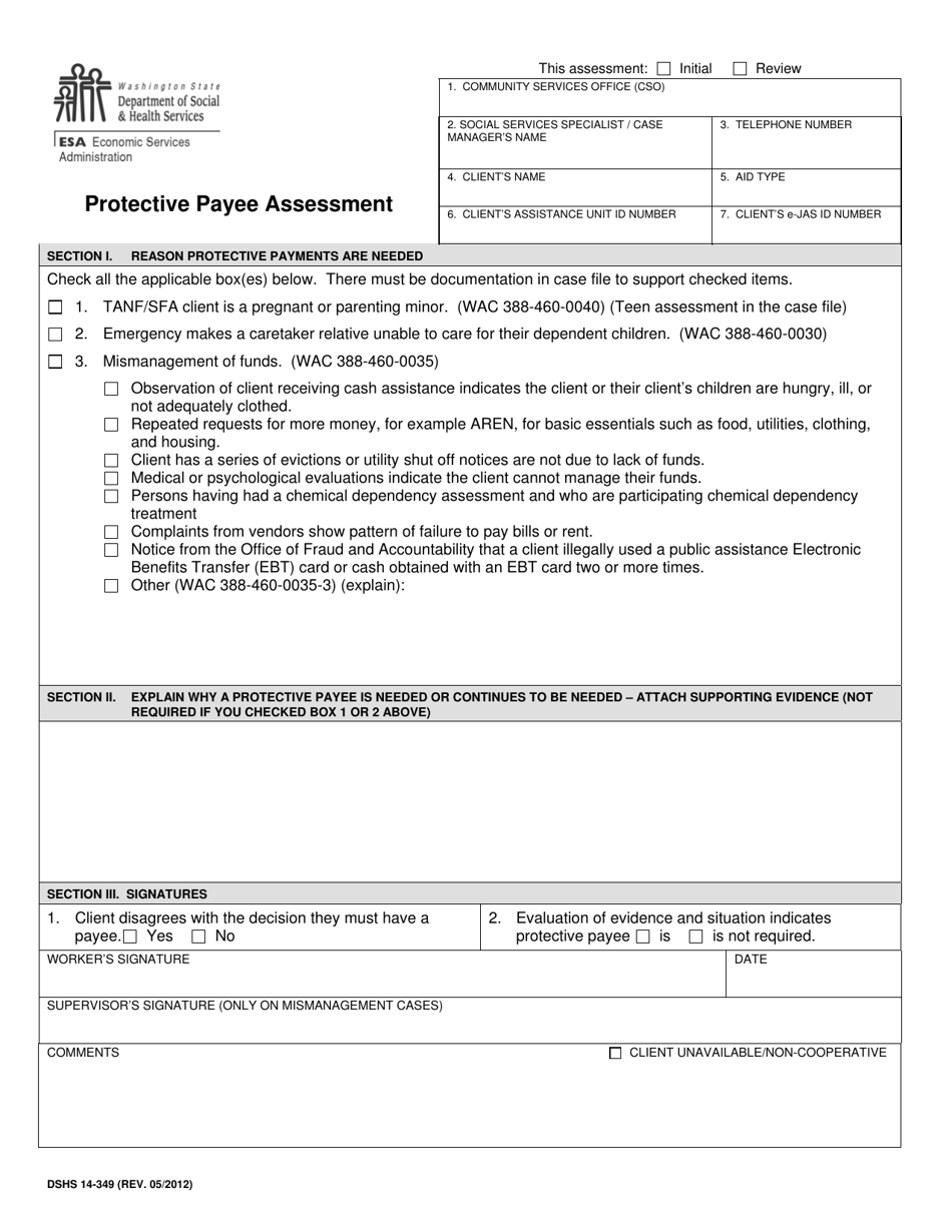 DSHS Form 14-349 Protective Payee Assessment - Washington, Page 1