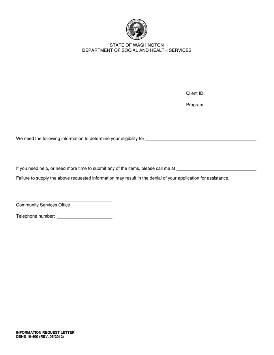 DSHS Form 10-400 Information Request Letter - Washington, Page 1