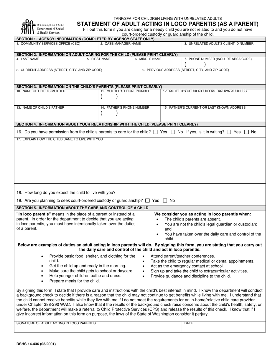 DSHS Form 14-436 Statement of Adult Acting in Loco Parentis (As a Parent) - Washington, Page 1