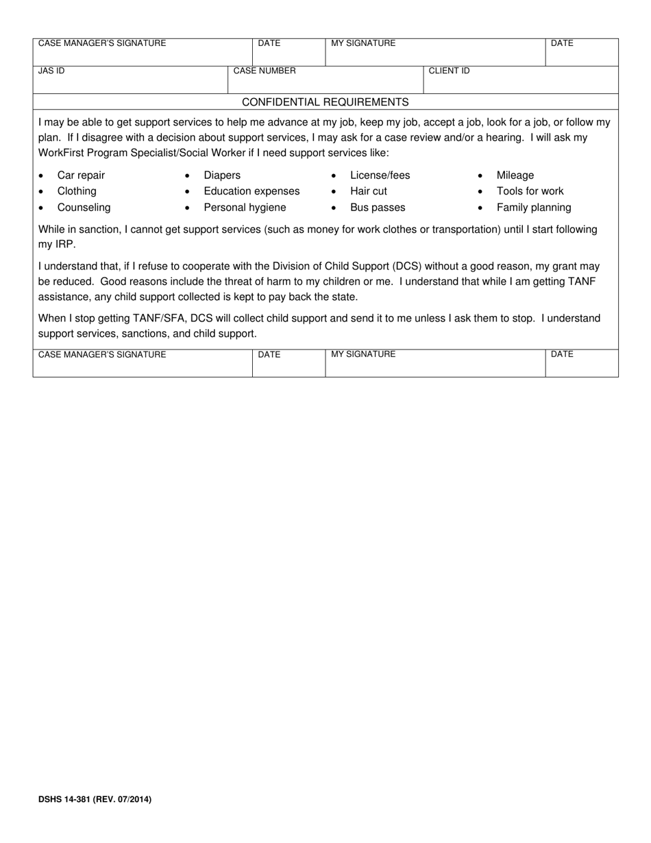 DSHS Form 14-381 Workfirst Individual Responsibility Plan - Washington, Page 2