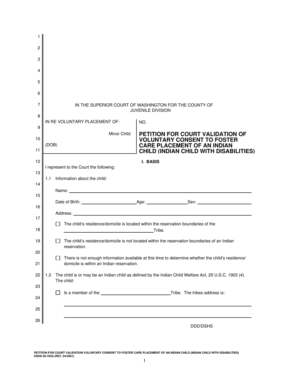 DSHS Form 09-762A Petition for Court Validation of Voluntary Consent to Foster Care Placement of an Indian Child (Indian Child With Disabilities) - Washington, Page 1