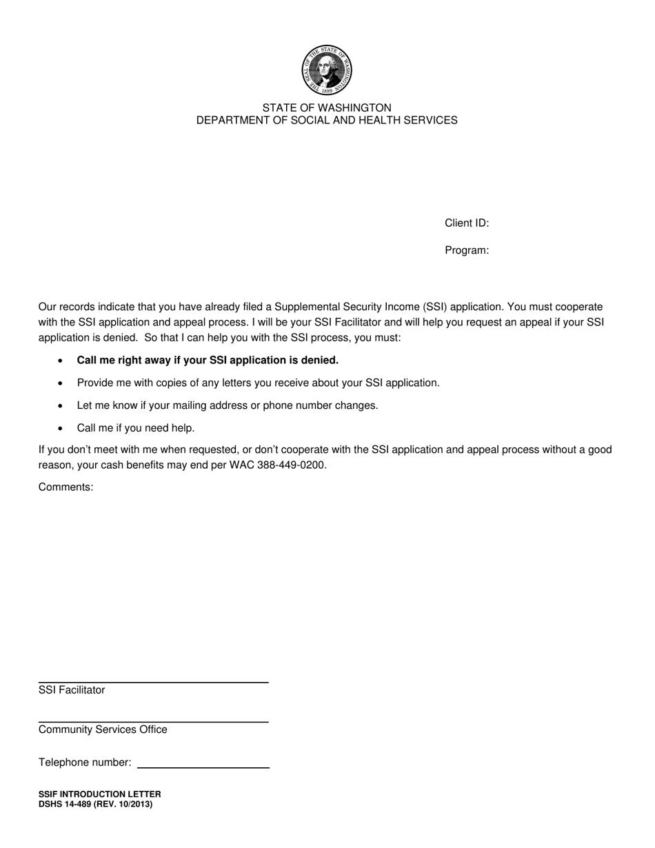 DSHS Form 14-489 Ssif Introduction Letter - Washington, Page 1