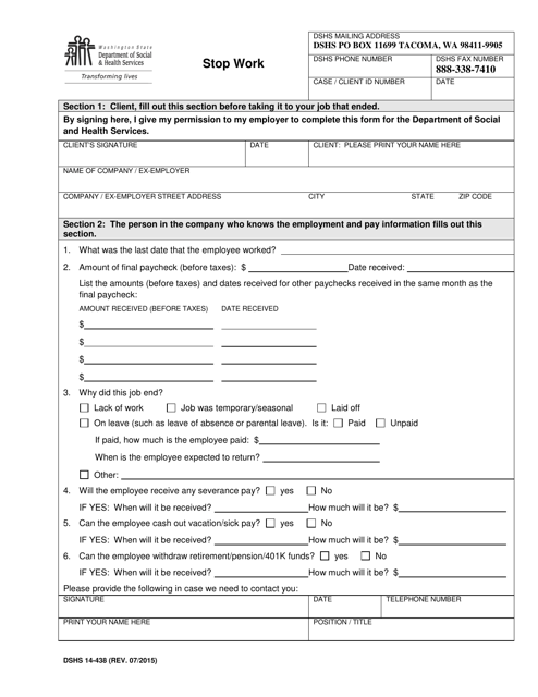 DSHS Form 14 438 Download Printable PDF Or Fill Online Stop Work 