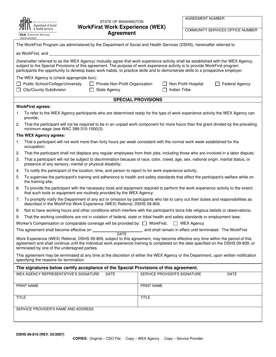 DSHS Form 09-810 Workfirst Word Experience (Wex) Agreement - Washington, Page 1