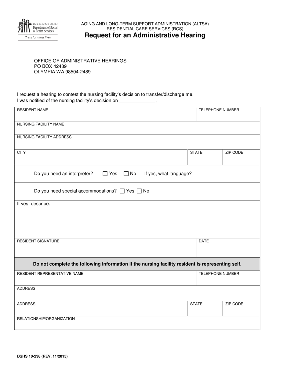 DSHS Form 10-238 Request for an Administrative Hearing (Residential Care Services) - Washington, Page 1