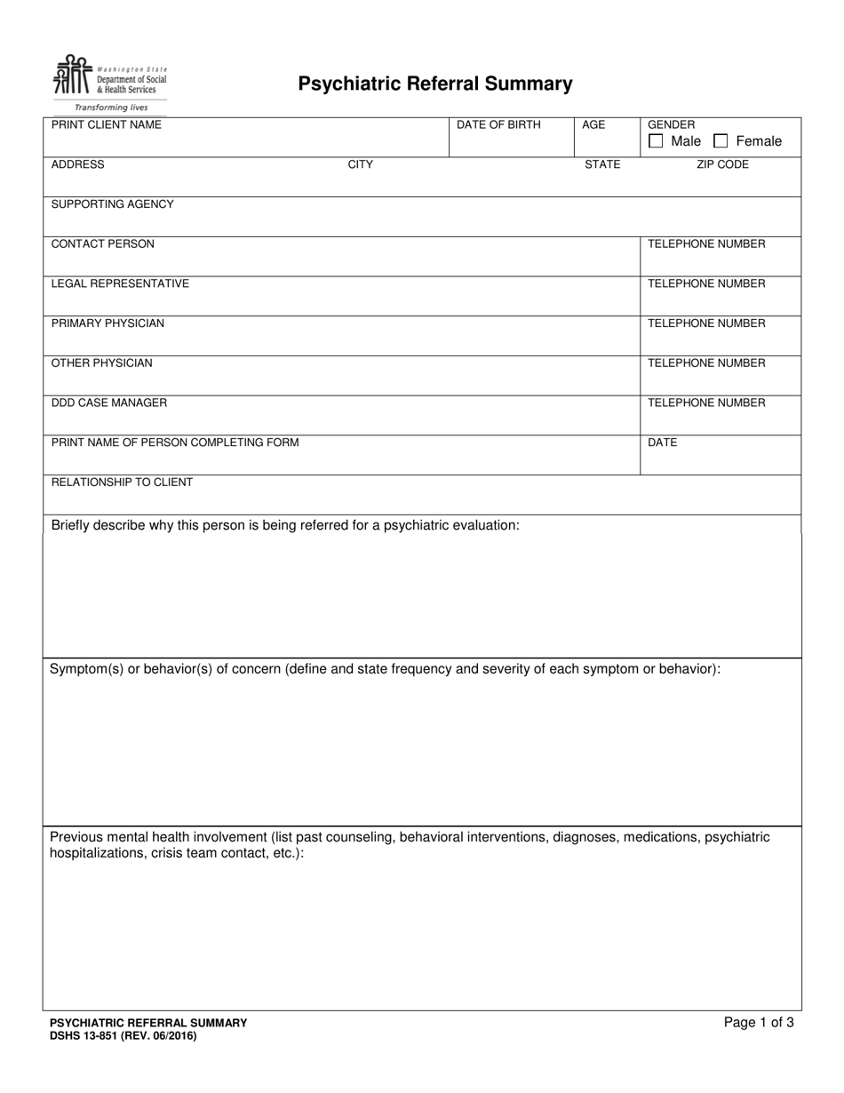 DSHS Form 13-851 Psychiatric Referral Summary - Washington, Page 1