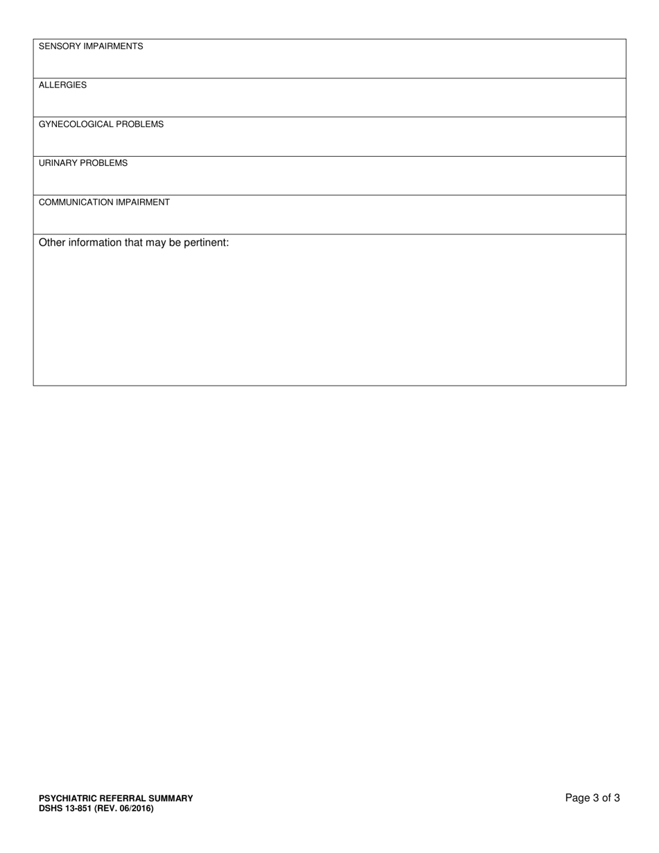 DSHS Form 13-851 Psychiatric Referral Summary - Washington, Page 3