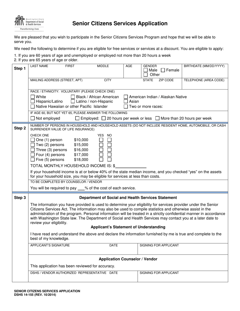 DSHS Form 14-155 Senior Citizens Services Application - Washington, Page 1