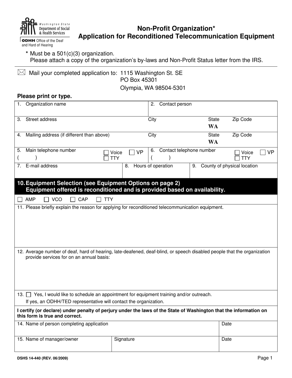 DSHS Form 14-440 Non-profit Organization Application for Reconditioned Telecommunications Equipment (Office of the Deaf and Hard of Hearing) - Washington, Page 1