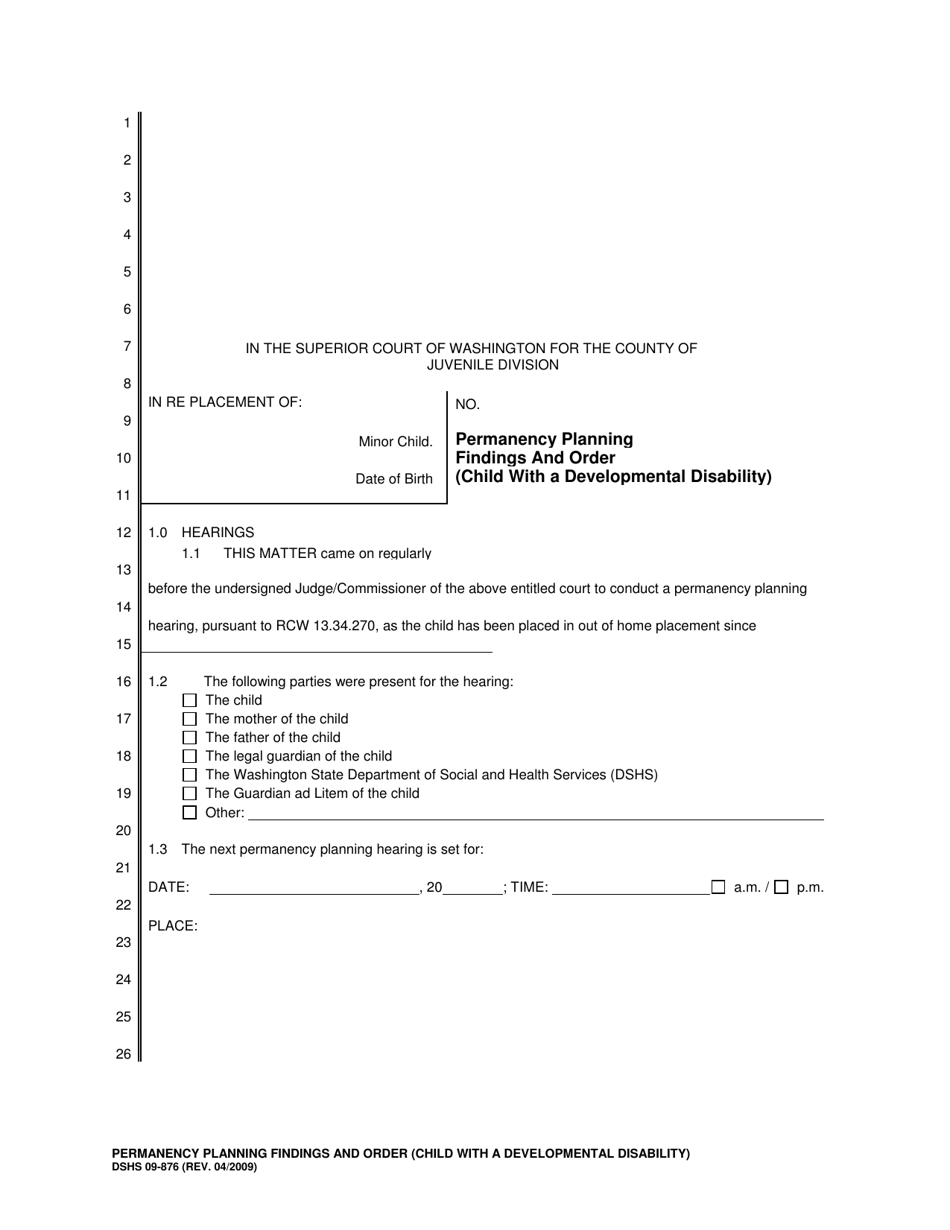 DSHS Form 09-876 Permanency Planning Findings and Order (Child With a Developmental Disability) - Washington, Page 1