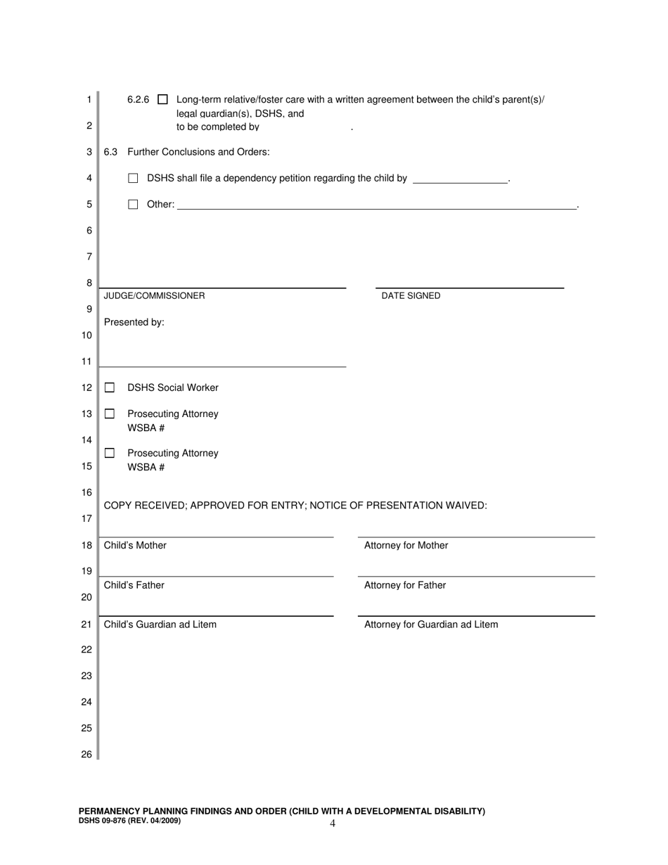 DSHS Form 09-876 Permanency Planning Findings and Order (Child With a Developmental Disability) - Washington, Page 4