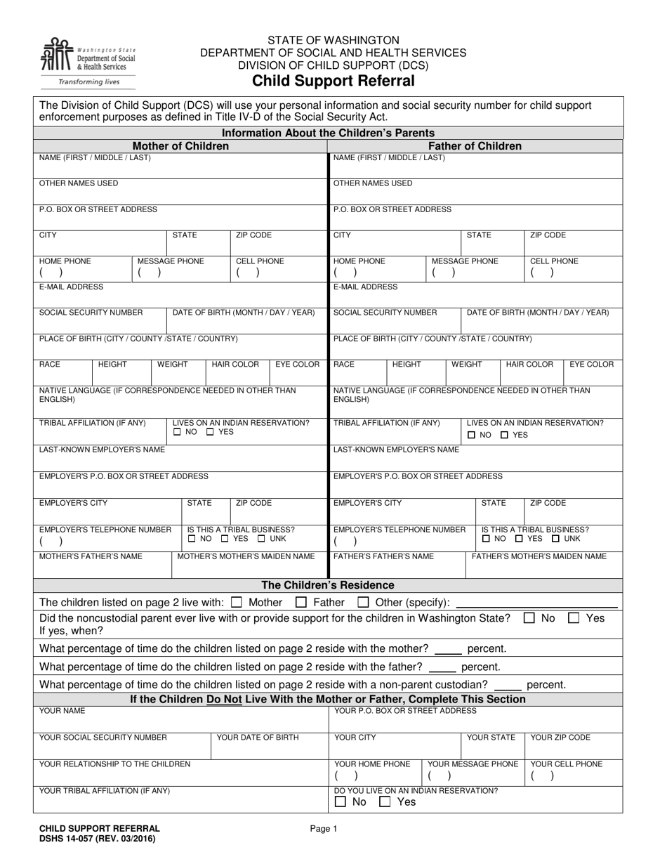 DSHS Form 14-057 Child Support Referral - Washington, Page 1