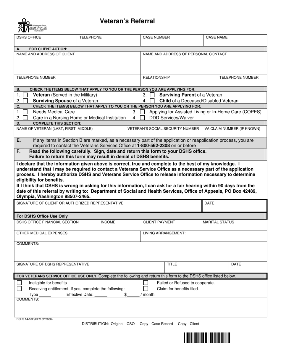 DSHS Form 14-162 Veterans Referral - Washington, Page 1