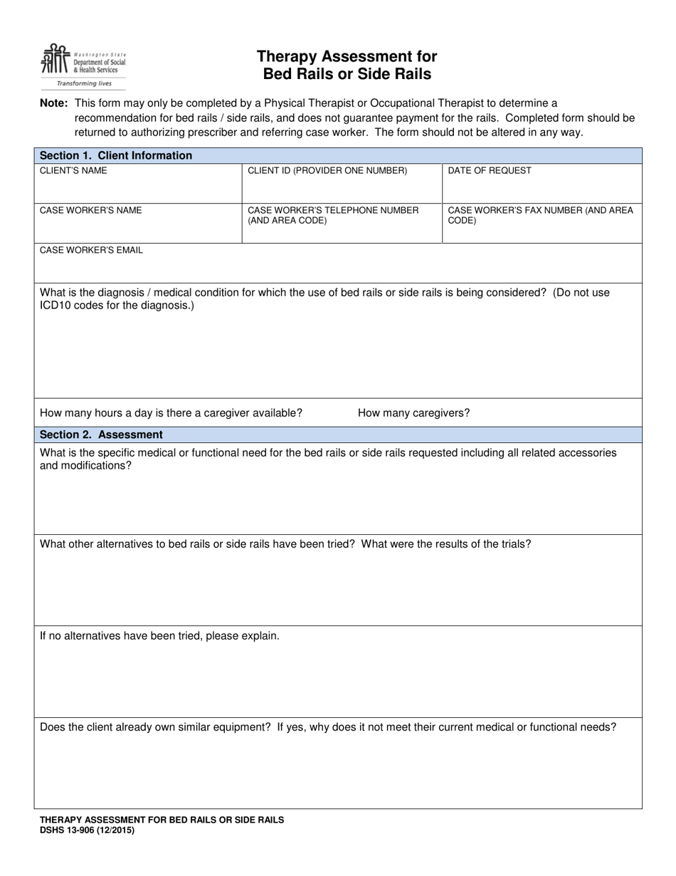 DSHS Form 13-906 Therapy Assessment Bed Rails or Side Rails (Home and Community Services) - Washington, Page 1