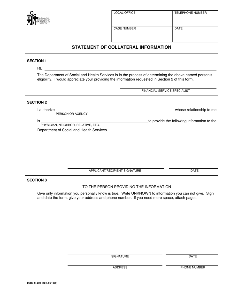 DSHS Form 14-222 Statement of Collateral Information - Washington, Page 1