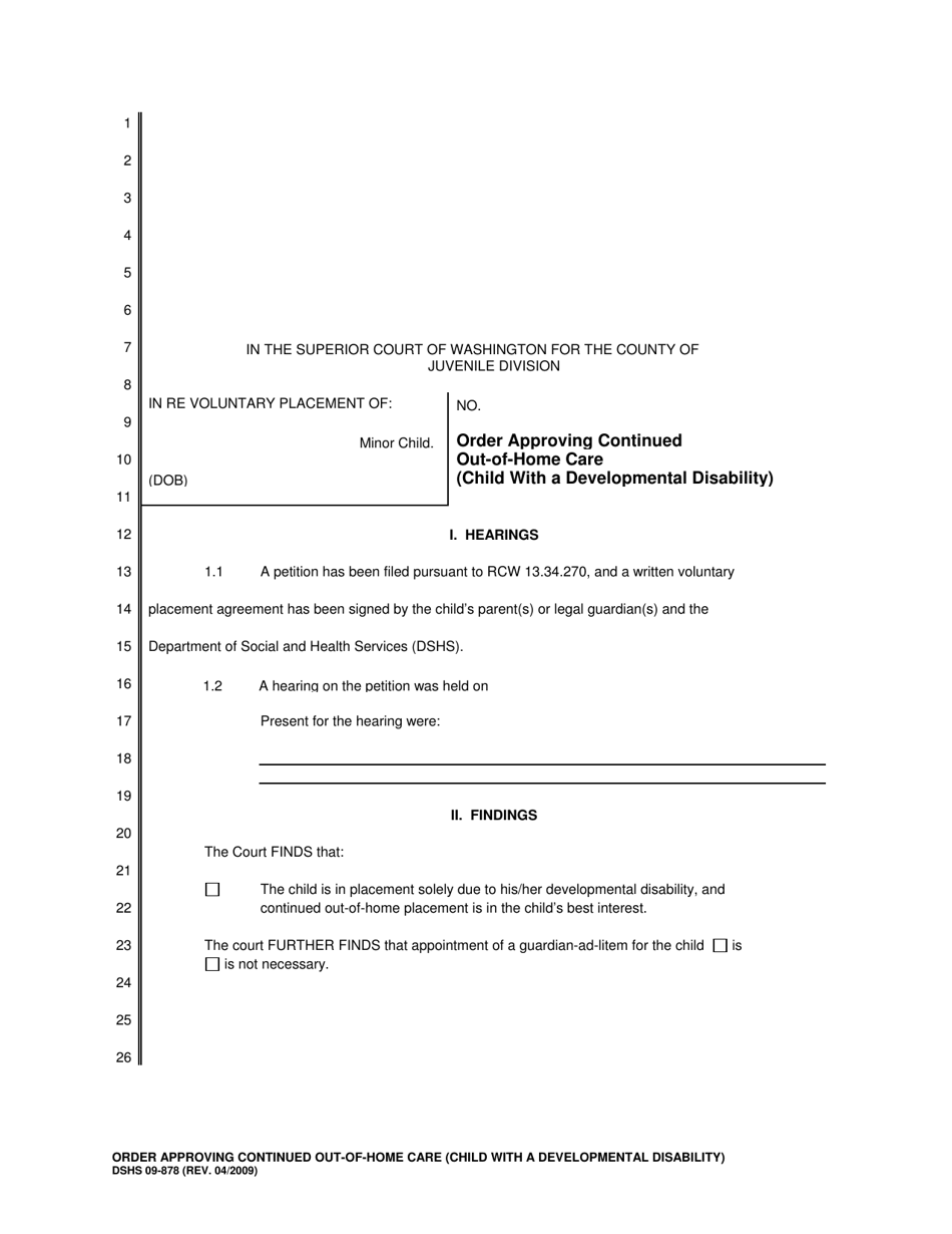 DSHS Form 09-878 Order Approving Continued out-Of-Home Care (Child With a Developmental Disability) - Washington, Page 1