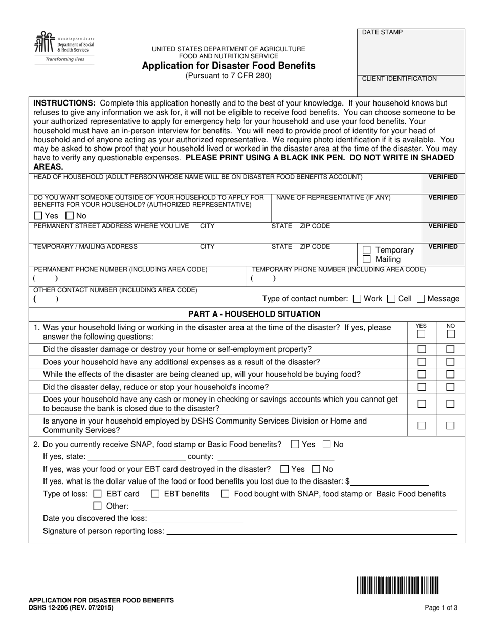 DSHS Form 12-206 Application for Disaster Food Benefits - Washington, Page 1