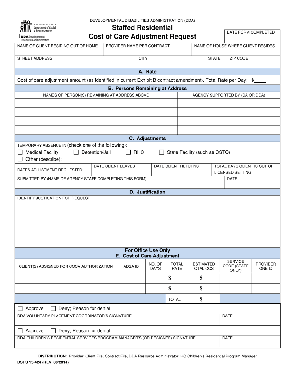 DSHS Form 15-424 Staffed Residential Cost of Care Adjustment Request - Washington, Page 1
