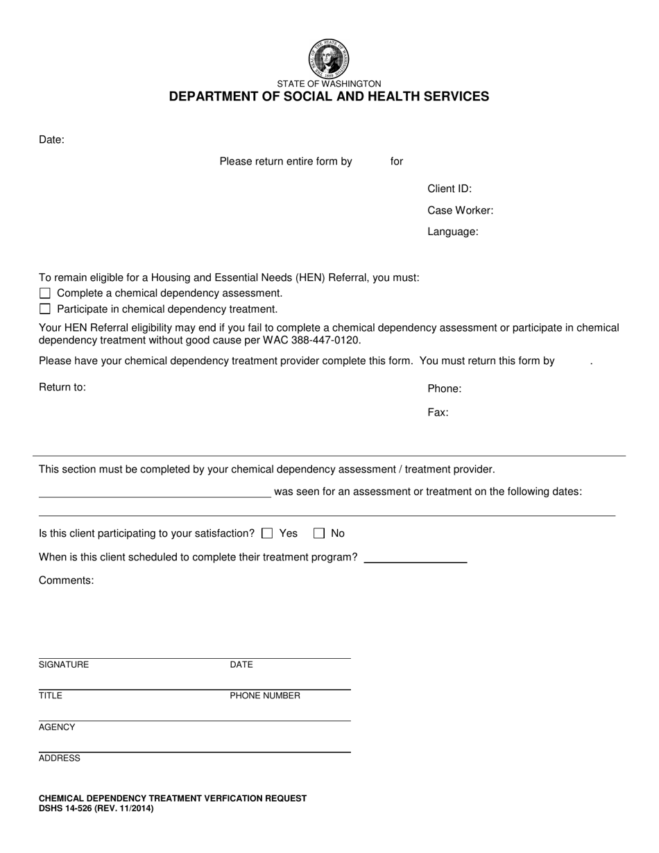 DSHS Form 14-526 Chemical Dependency Treatment Verification Request - Washington, Page 1