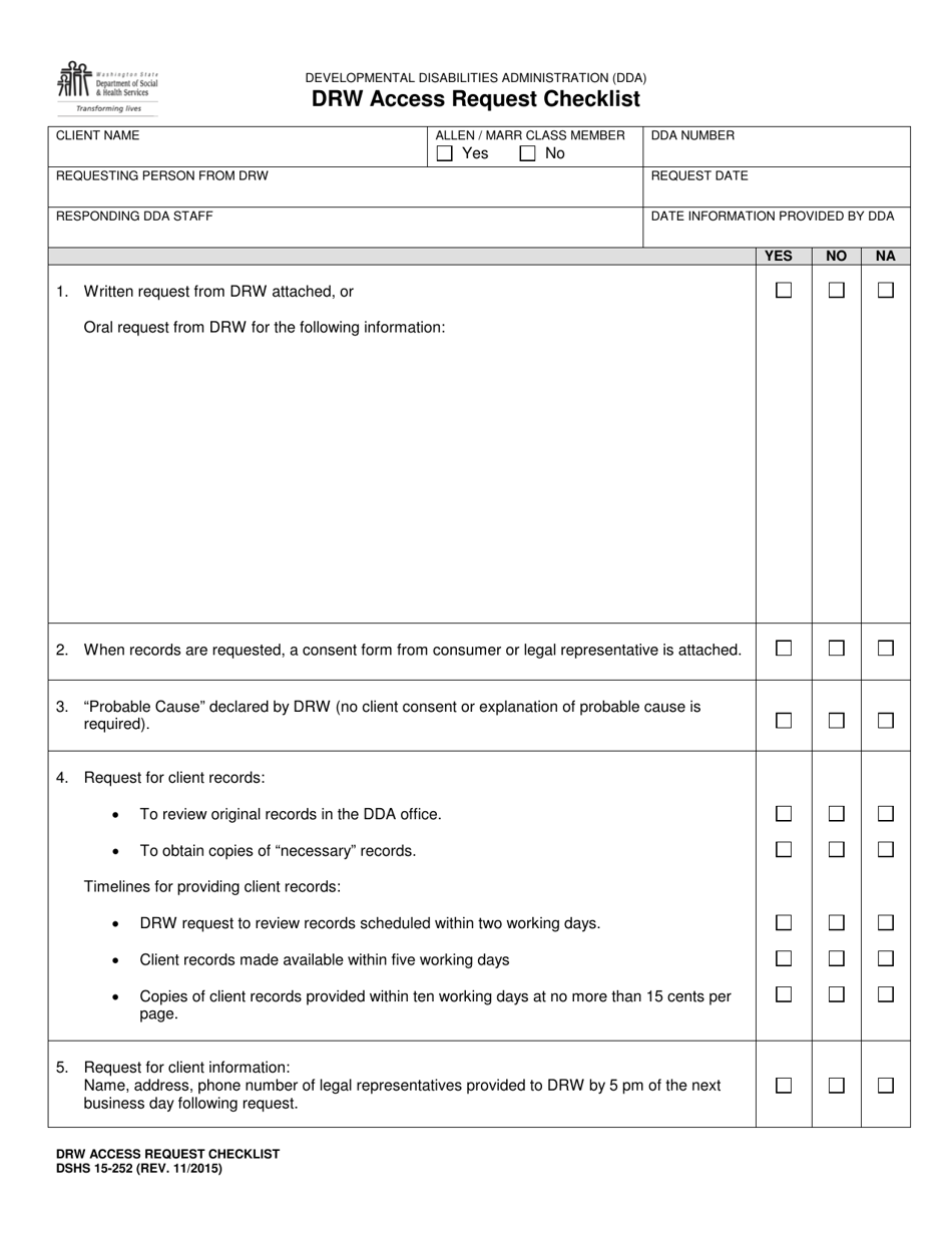DSHS Form 15-252 Drw Access Request Checklist - Washington, Page 1