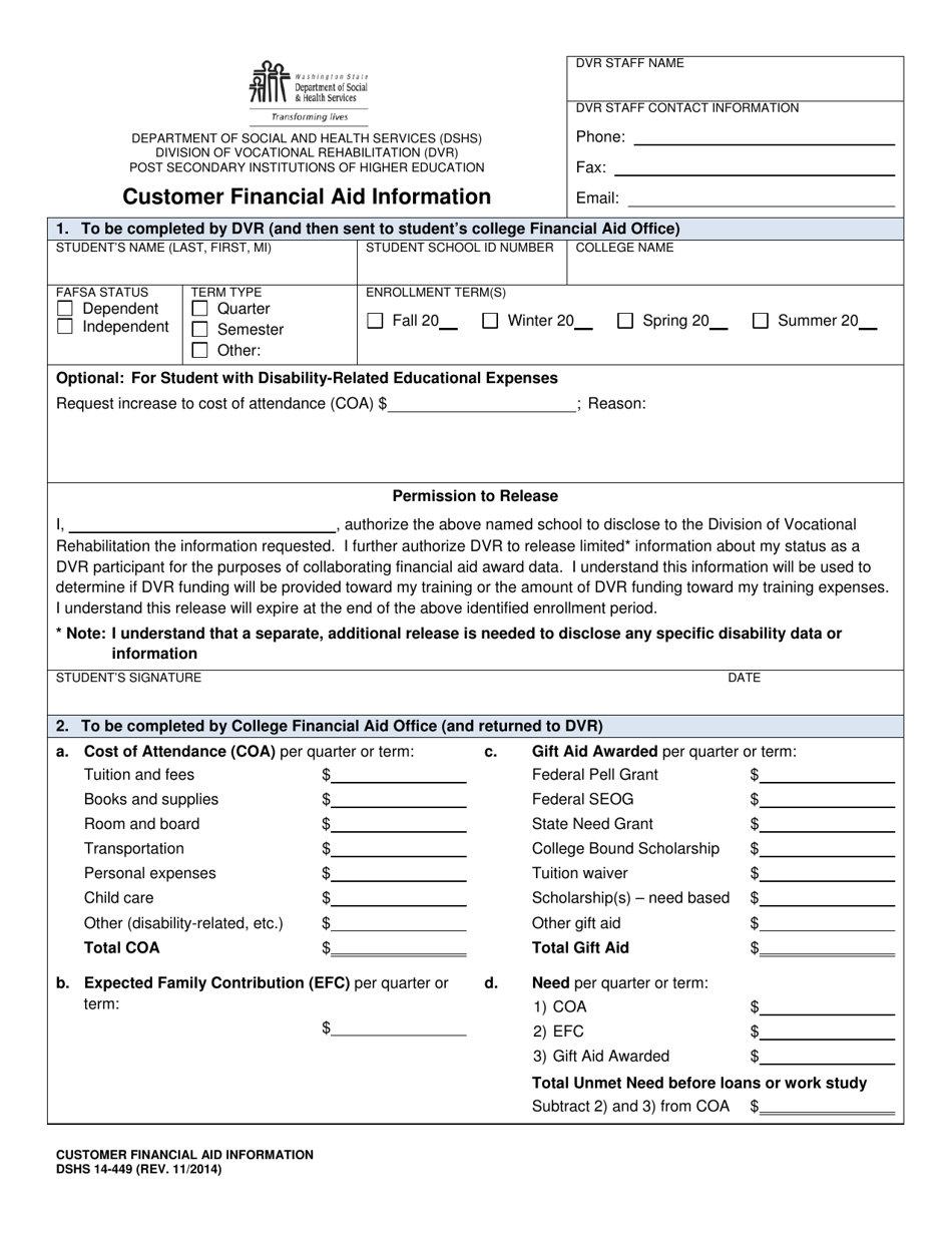 DSHS Form 14-449 Unmet Need Breakdown - Washington, Page 1