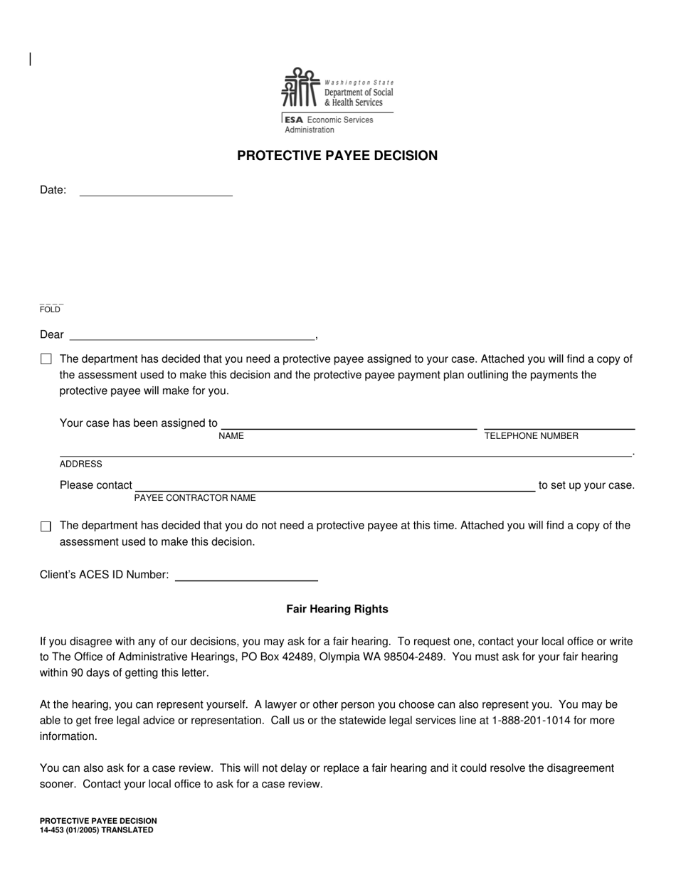 DSHS Form 14-453 Protective Payee Decision - Washington, Page 1