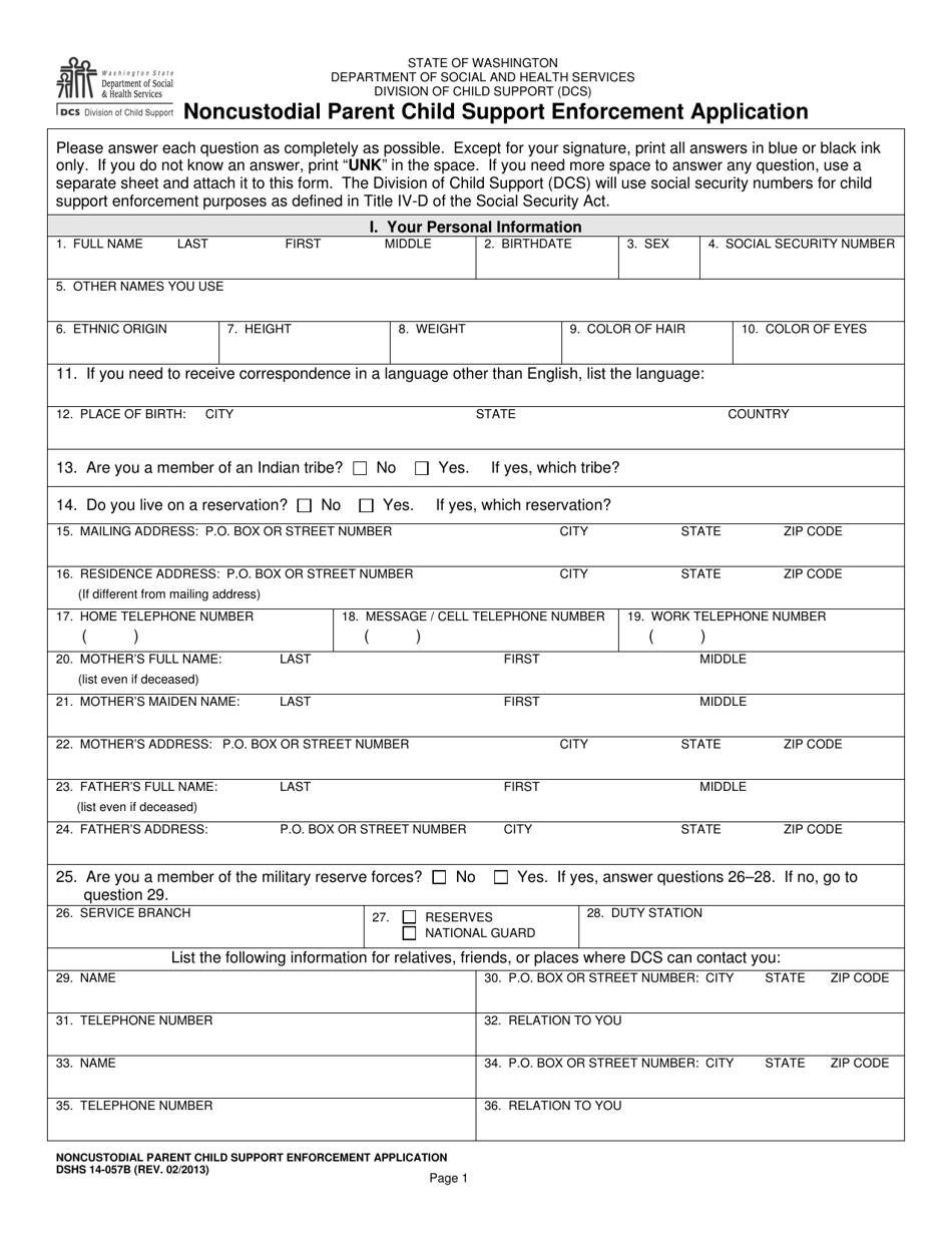 DSHS Form 14-057B Noncustodial Parent Child Support Enforcement Application - Washington, Page 1