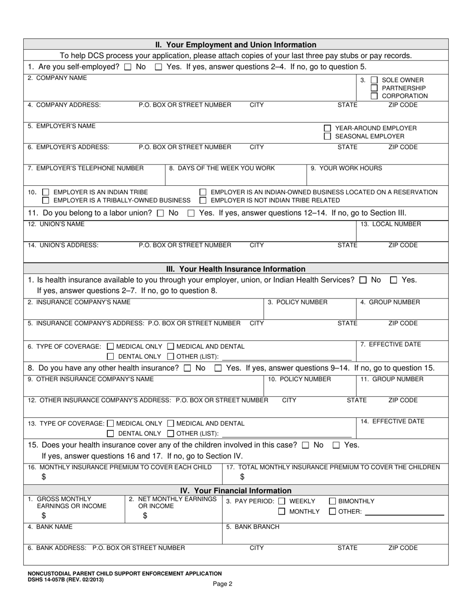 DSHS Form 14-057B Noncustodial Parent Child Support Enforcement Application - Washington, Page 2