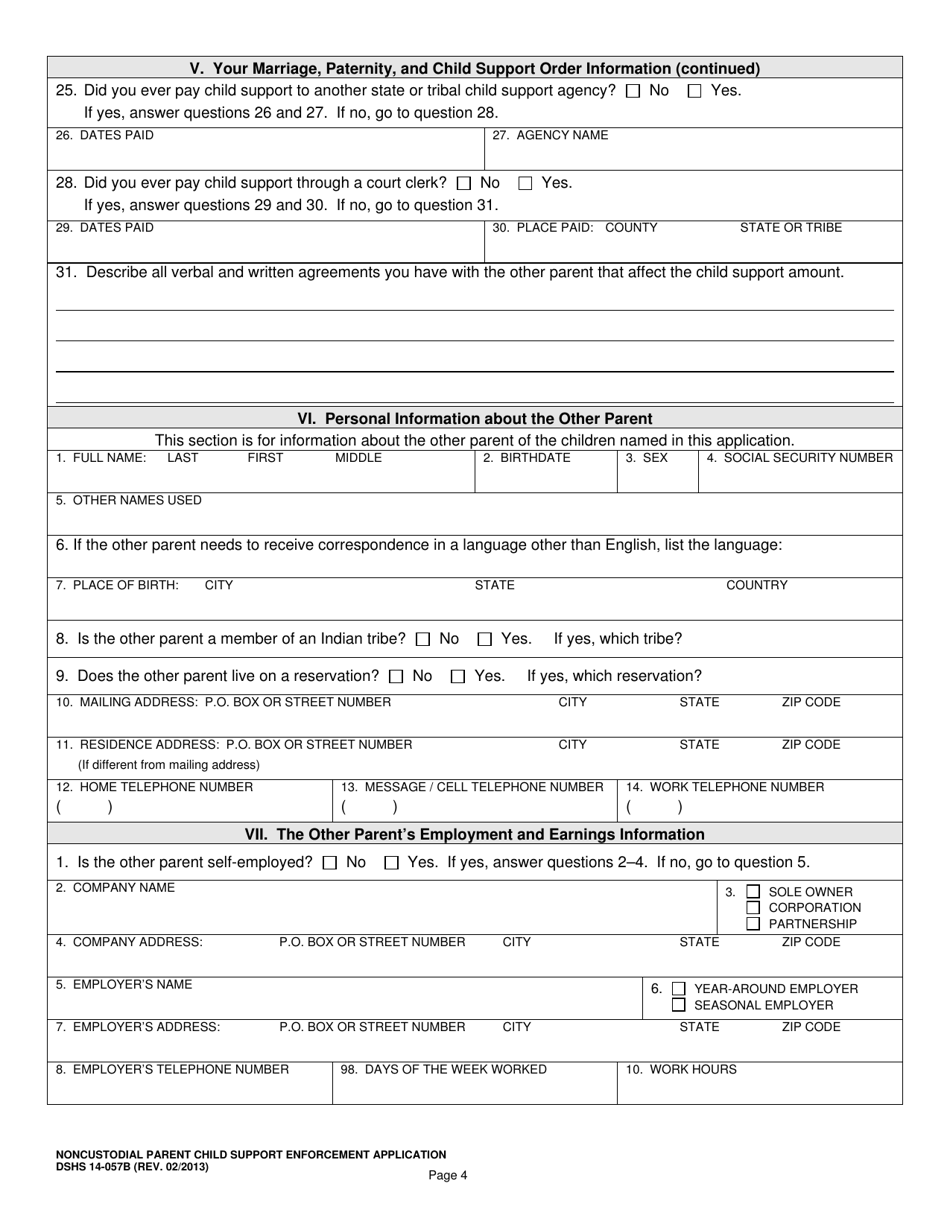 DSHS Form 14-057B Noncustodial Parent Child Support Enforcement Application - Washington, Page 4