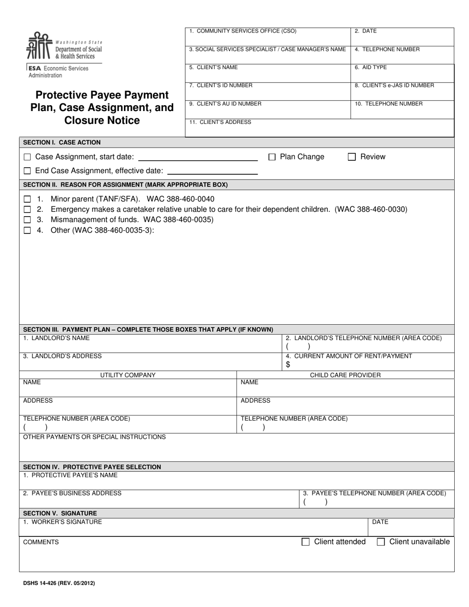 DSHS Form 14-426 Protective Payee Payment Plan, Case Assignment, and Closure Notice - Washington, Page 1