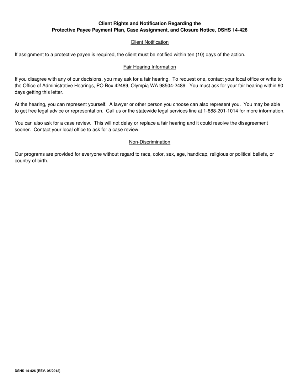 DSHS Form 14-426 Protective Payee Payment Plan, Case Assignment, and Closure Notice - Washington, Page 2