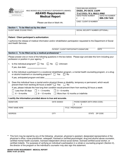 DSHS Form 14-541 Abawd Requirement: Medical Report (Able Bodied Adults Without Dependents) - Washington