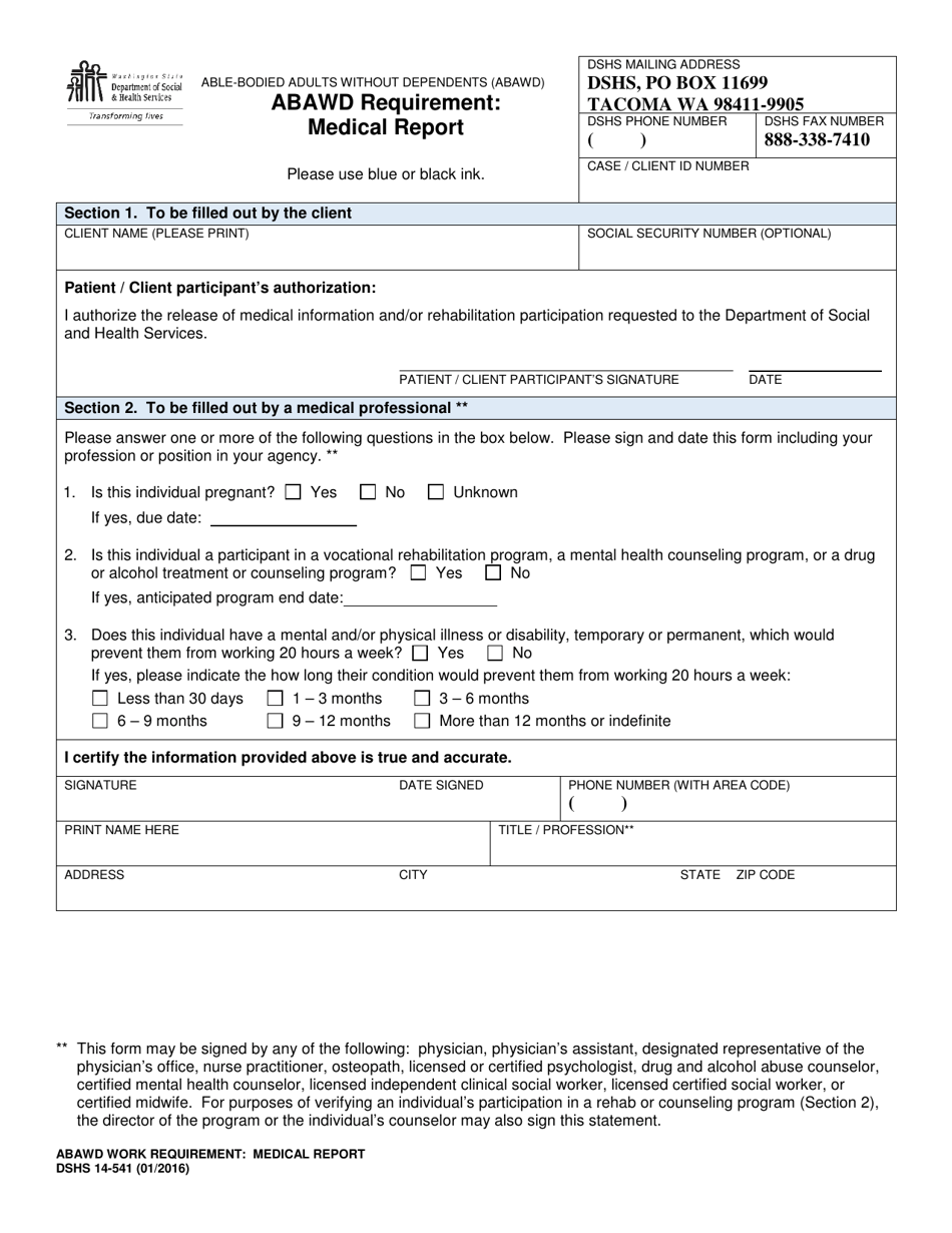 DSHS Form 14-541 Abawd Requirement: Medical Report (Able Bodied Adults Without Dependents) - Washington, Page 1