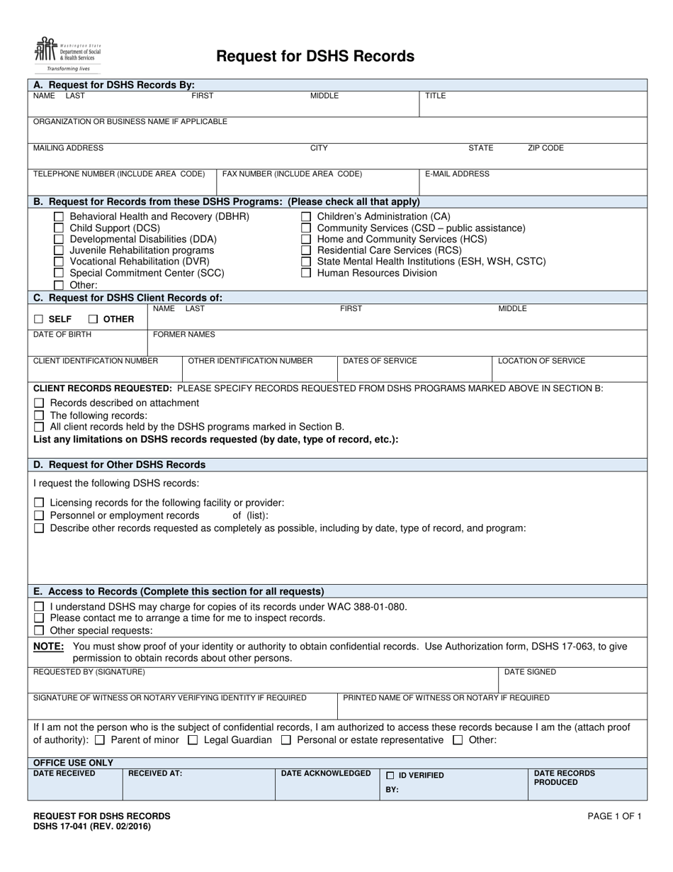 DSHS Form 17-041 Request for Dshs Records - Washington, Page 1