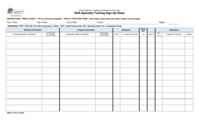 DSHS Form 16-194 Dda Specialty Training Sign-Up Sheet - Washington