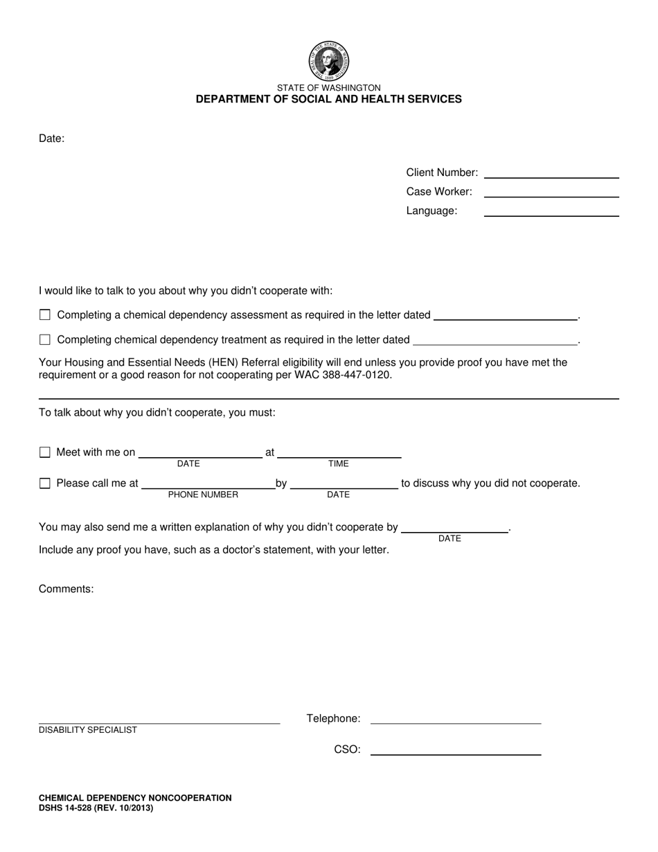 DSHS Form 14-528 Chemical Dependency Noncooperation - Washington, Page 1