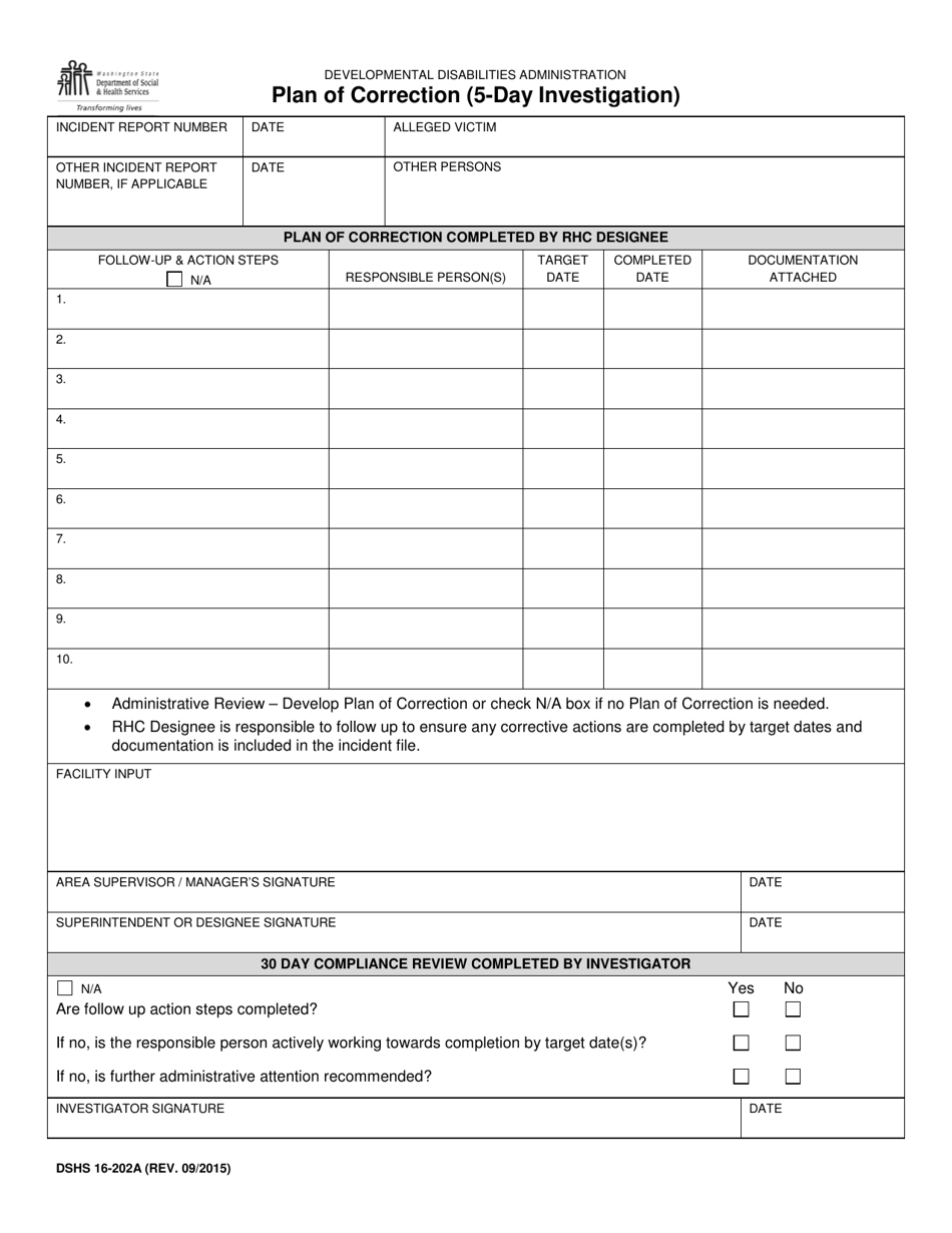 DSHS Form 16-202A Plan of Correction (5-day Investigation) - Washington, Page 1