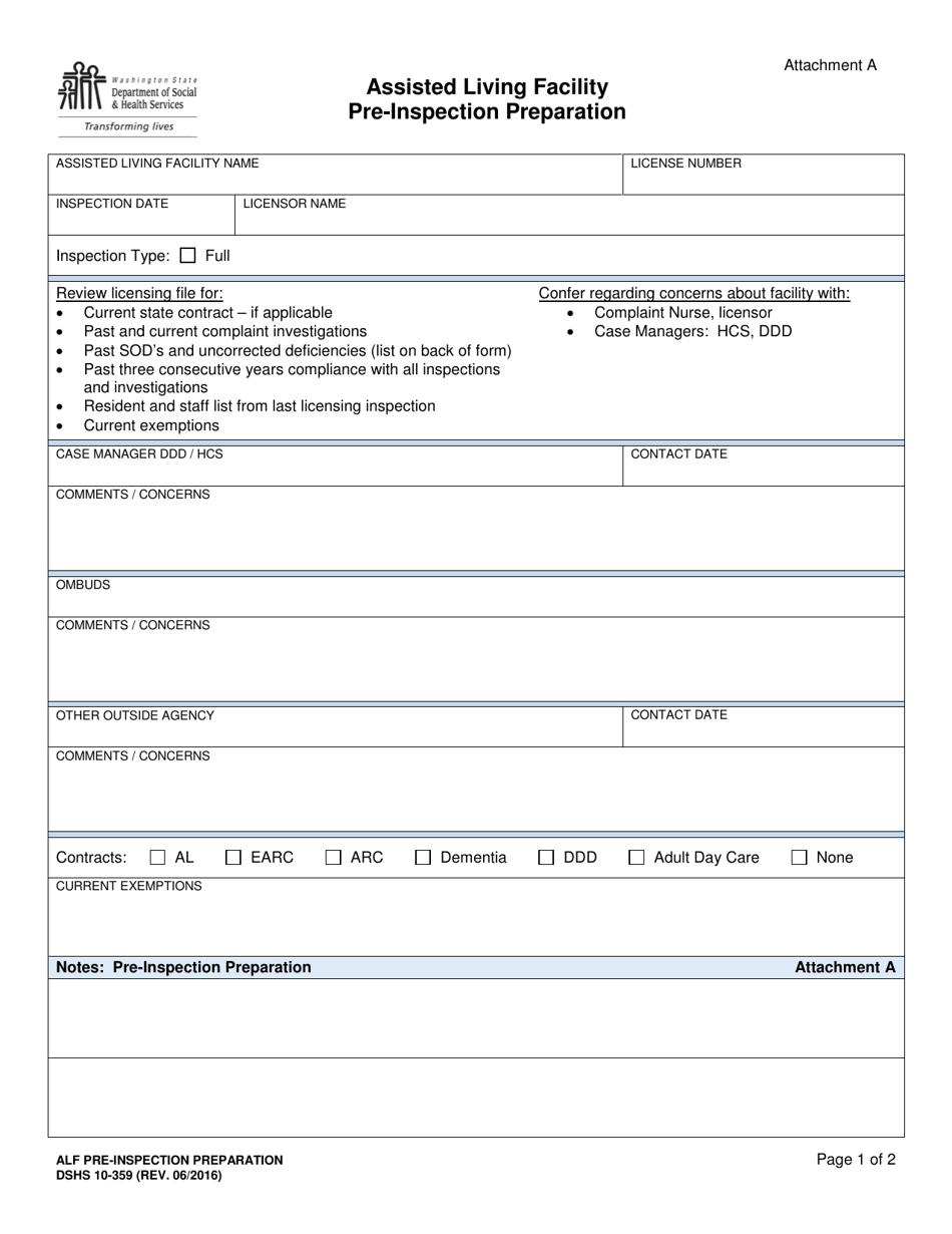 DSHS Form 10-359 Attachment A Assisted Living Facility Pre-inspection Preparation - Washington, Page 1