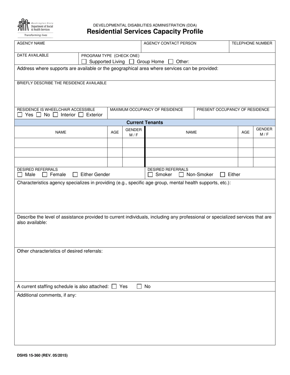DSHS Form 15-360 Residential Services Capacity Profile - Washington, Page 1