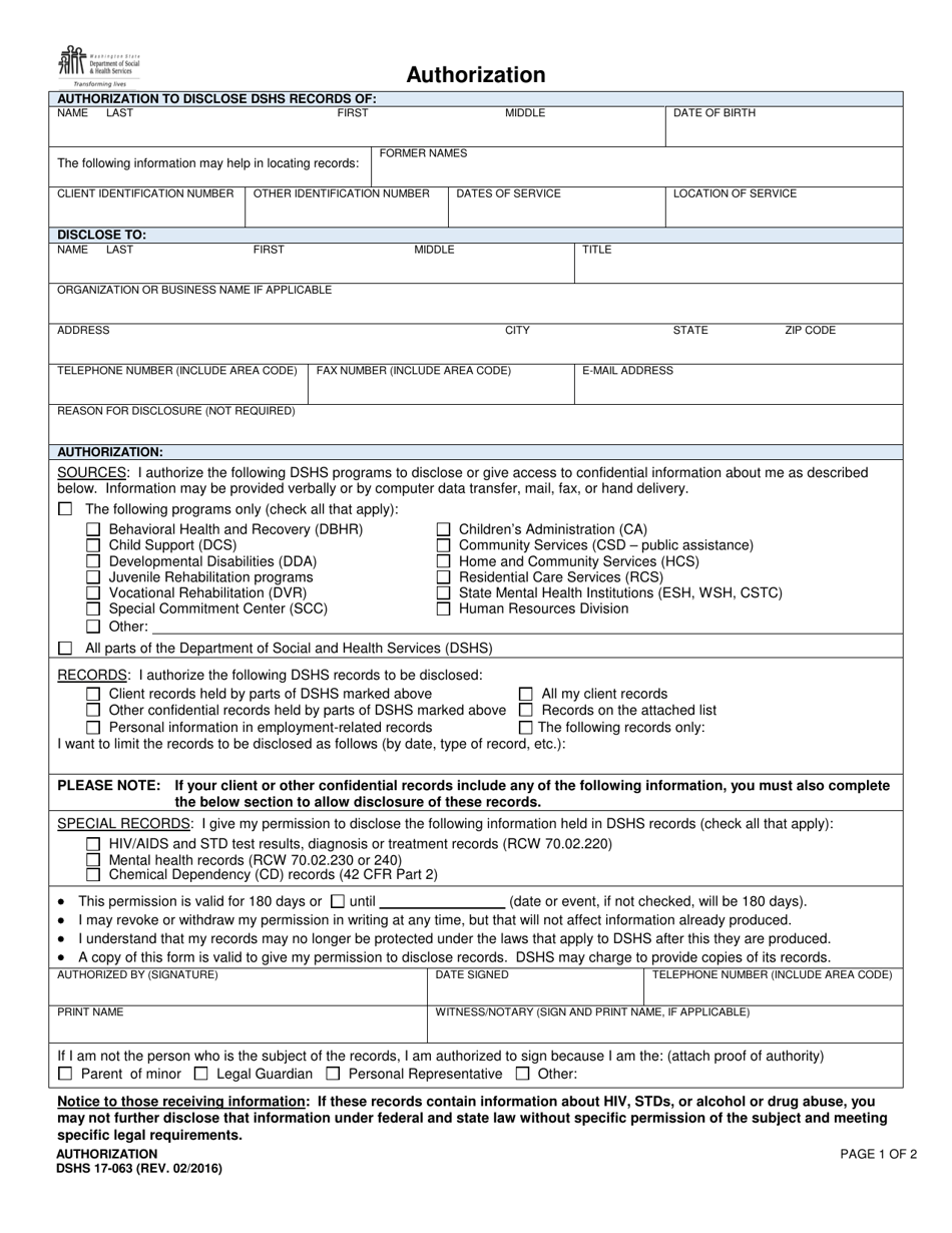 DSHS Form 17-063 Authorization - Washington, Page 1