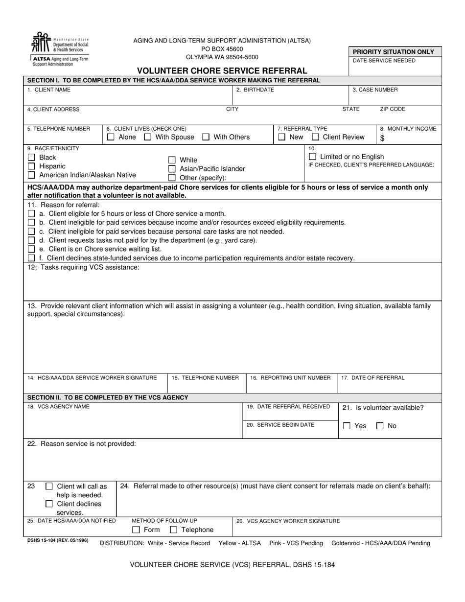 DSHS Form 15-184 Volunteer Chore Service Referral - Washington, Page 1