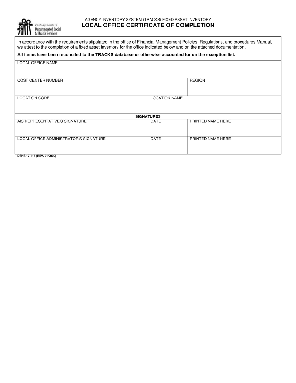 DSHS Form 17-116 Ais Tracks Fixed Asset Inventory Local Office Certificate of Completion - Washington, Page 1