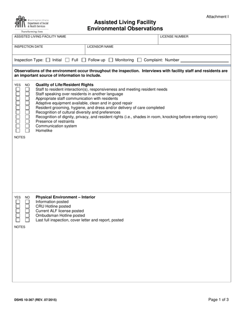 DSHS Form 10-367 Attachment I Assisted Living Facility Environmental Observations - Washington
