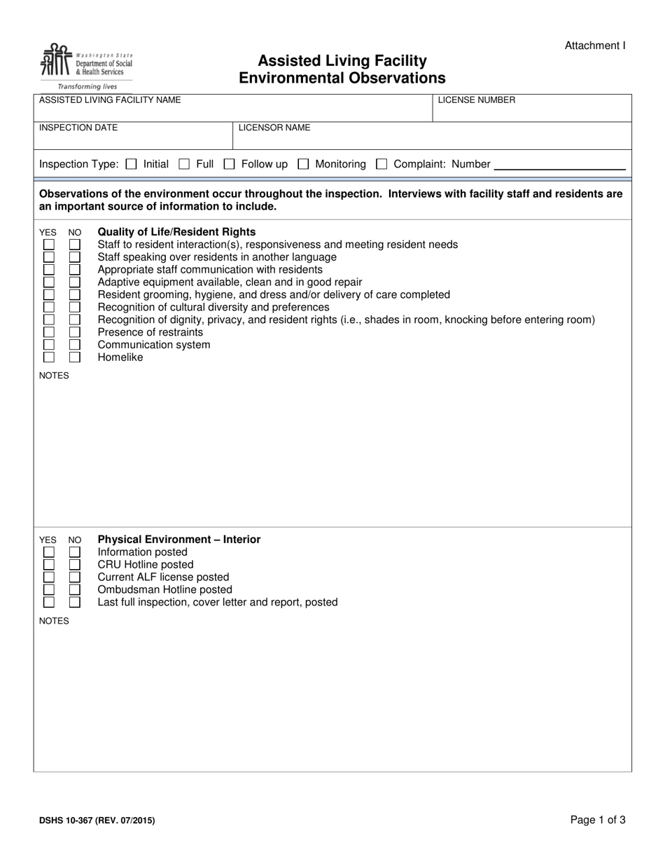 DSHS Form 10-367 Attachment I Assisted Living Facility Environmental Observations - Washington, Page 1