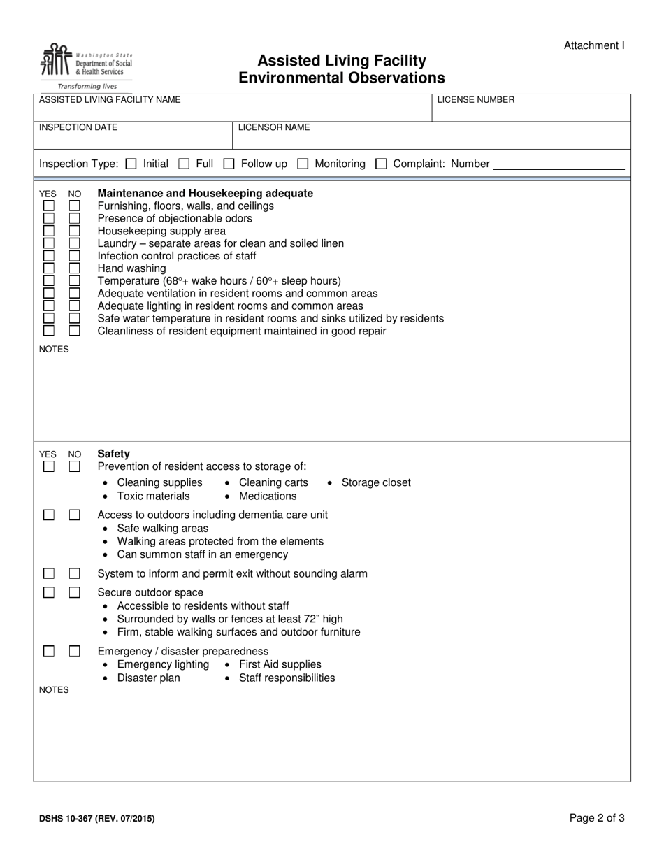 DSHS Form 10-367 Attachment I Assisted Living Facility Environmental Observations - Washington, Page 2