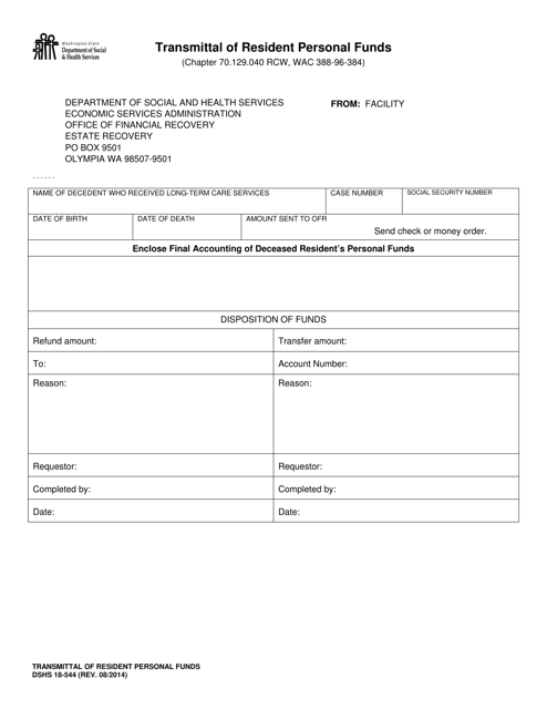 DSHS Form 18-544 Transmittal of Resident Personal Funds - Washington